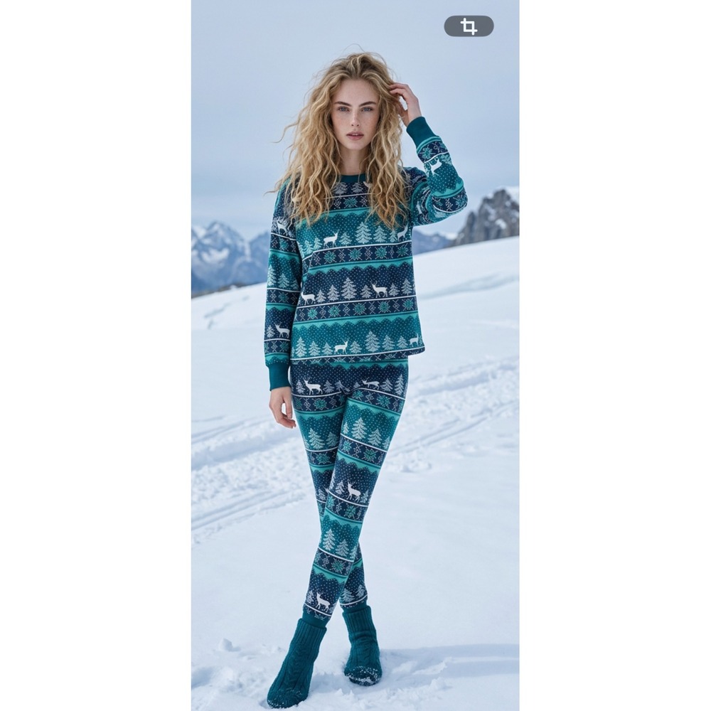 Holiday Pajama Set Women Medium Teal Navy Fair Isle Reindeer 2 Piece Loungewear